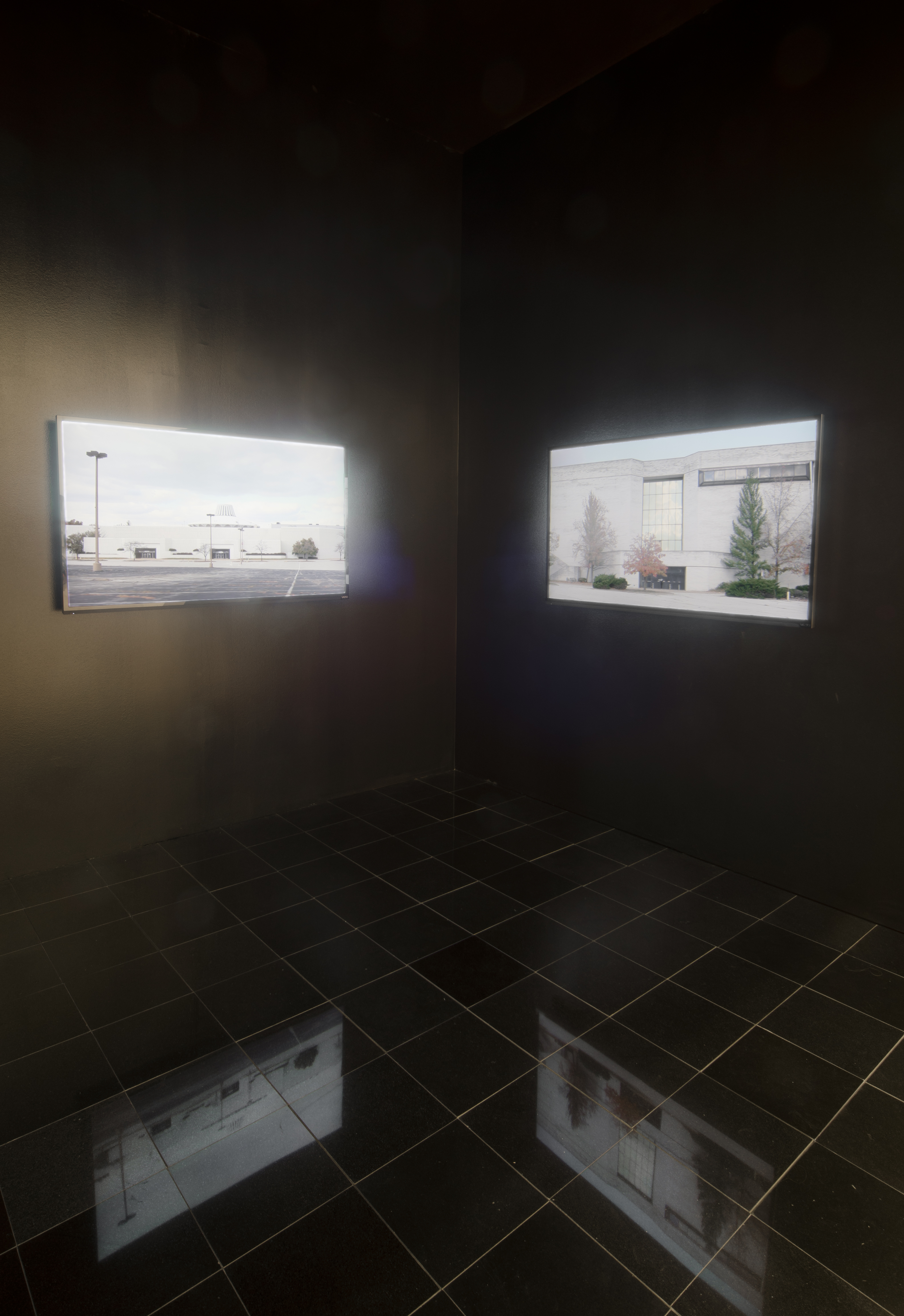 Installation view of screens of Retail Requiem at Mildred Kemper Lane Art Museum